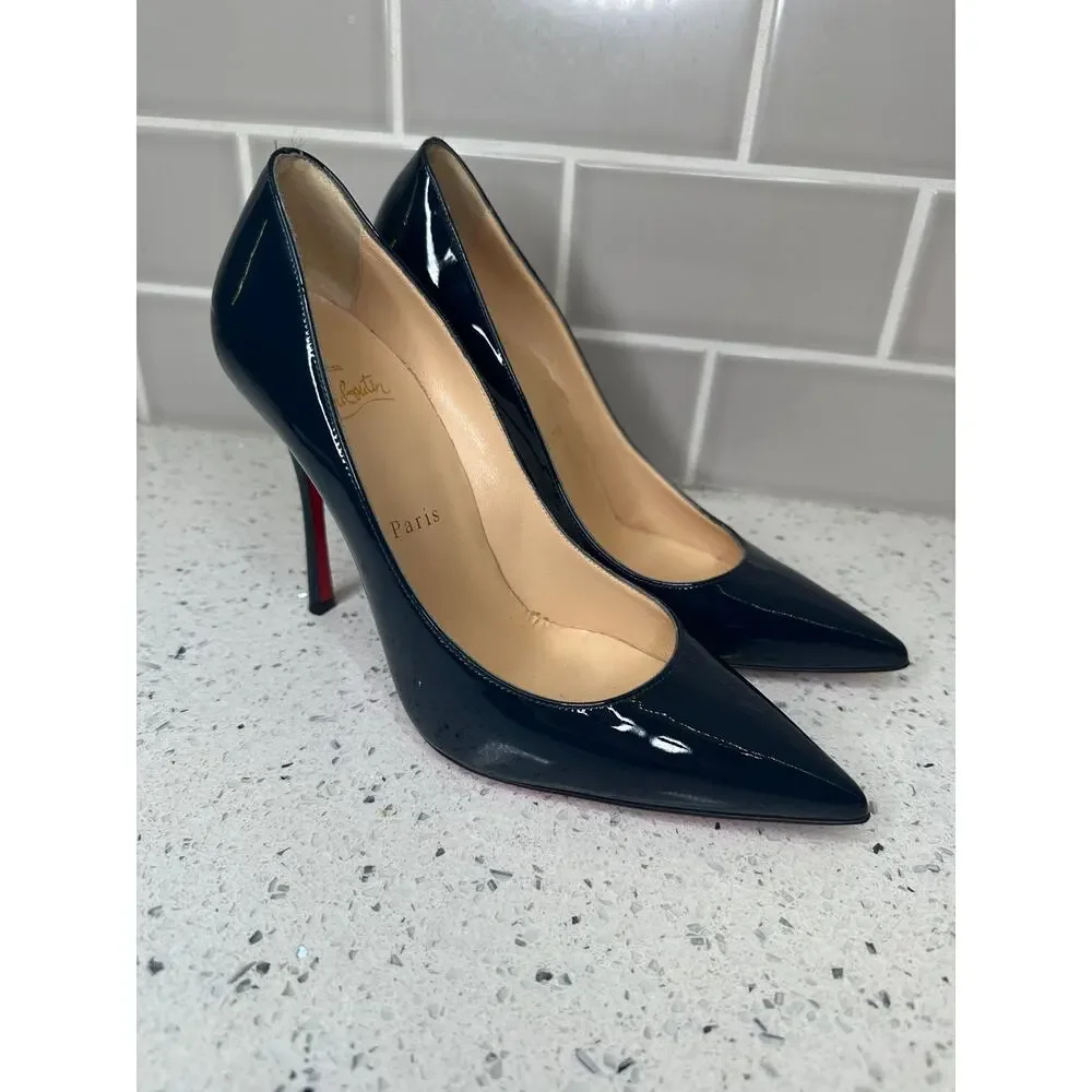 Christian Louboutin Navy Patent Leather Pointed-Toe Pumps - Size 38 (So Kate)